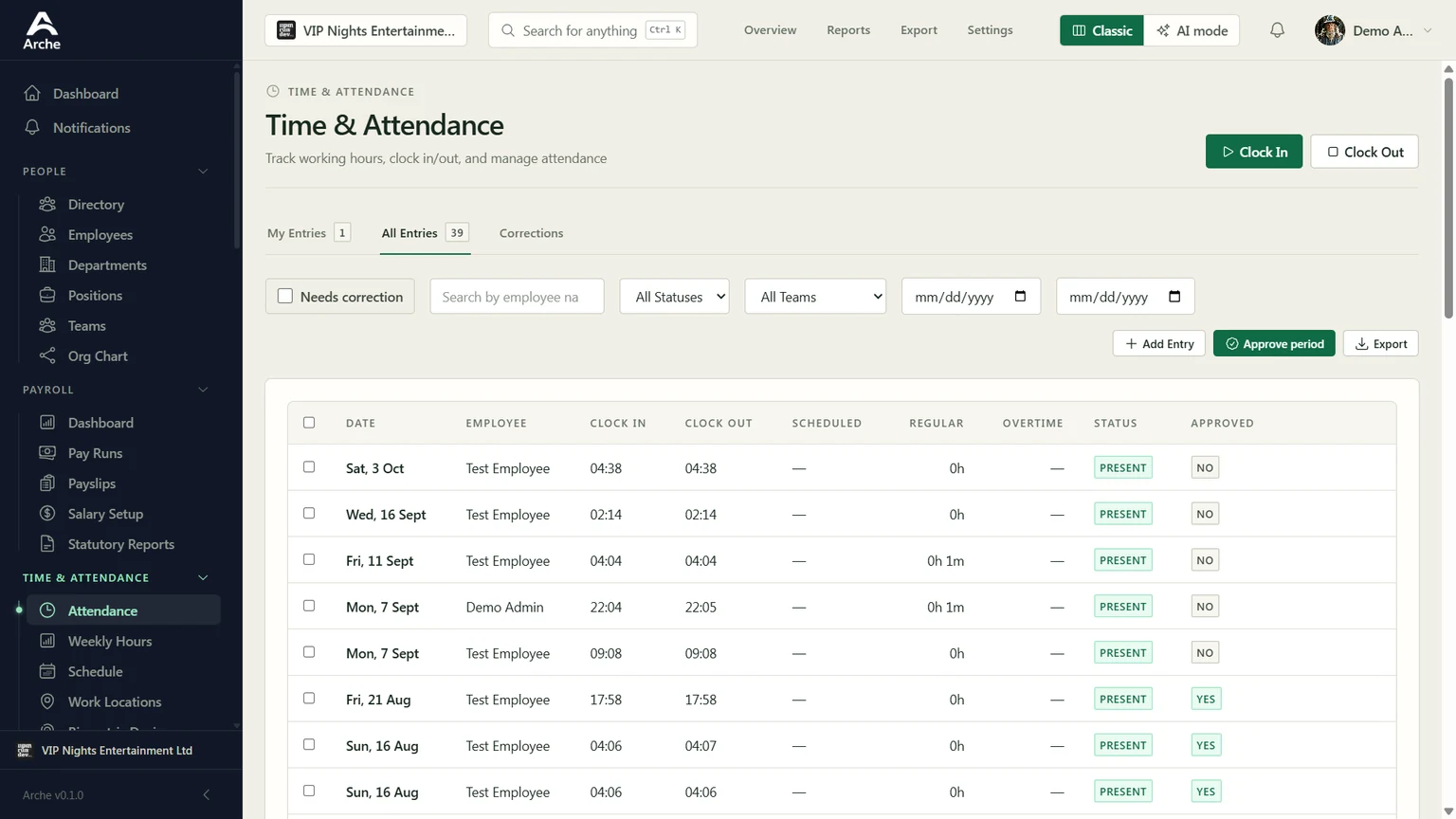 Arche HR: attendance in a demo workspace