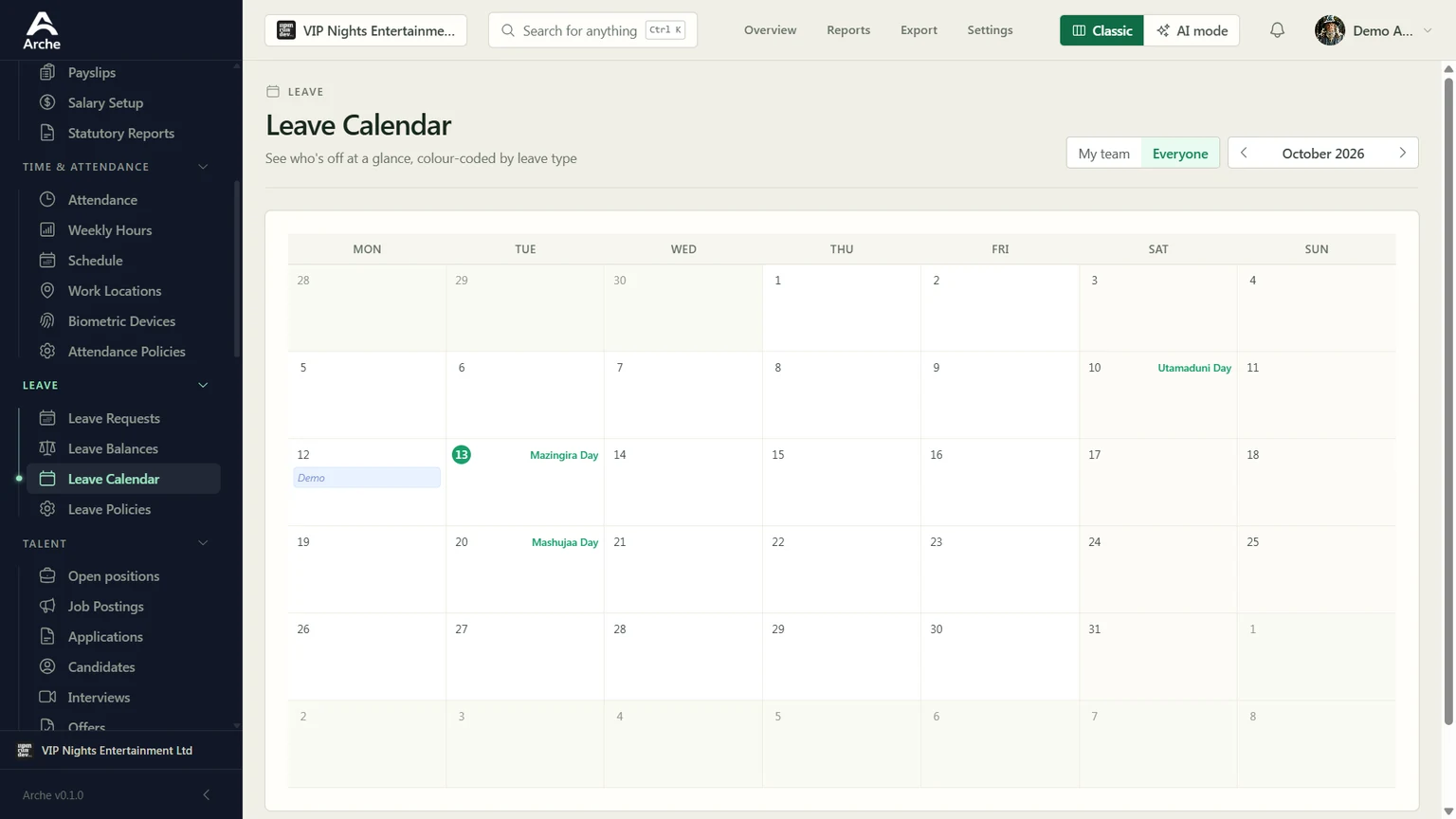 Arche HR: leave calendar in a demo workspace
