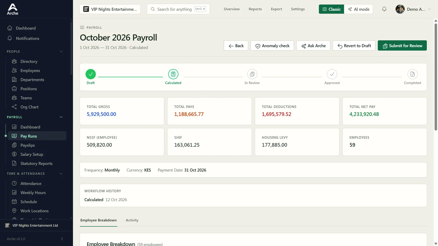 Arche HR: payroll run in a demo workspace