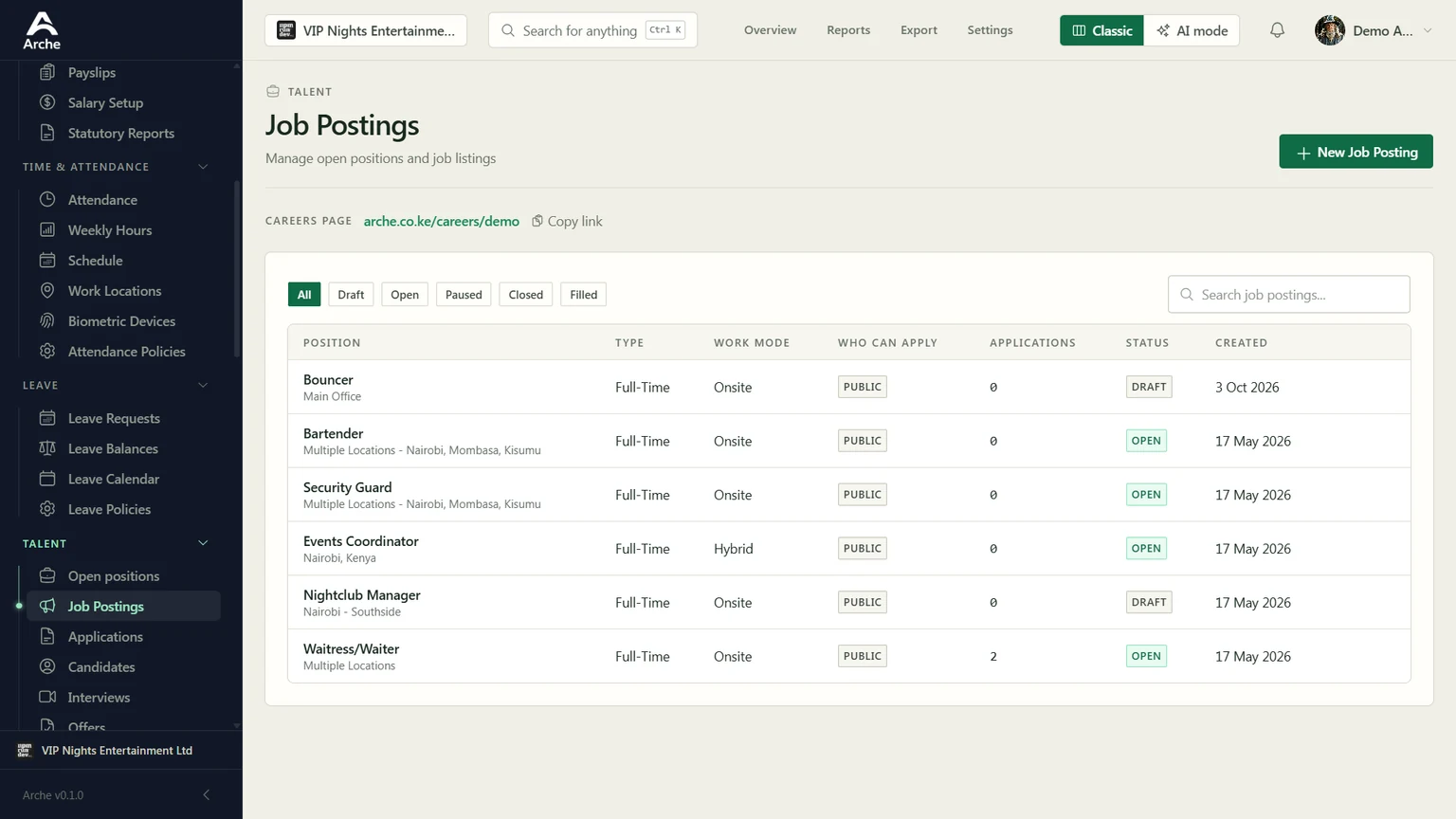 Arche HR: recruitment in a demo workspace