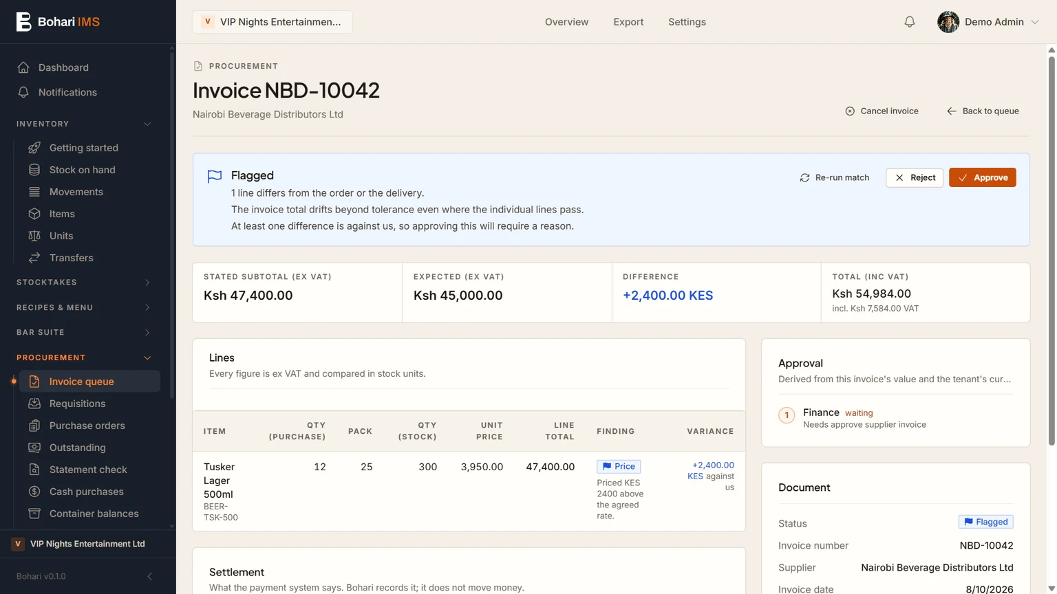 Bohari IMS: invoice matching in a demo workspace