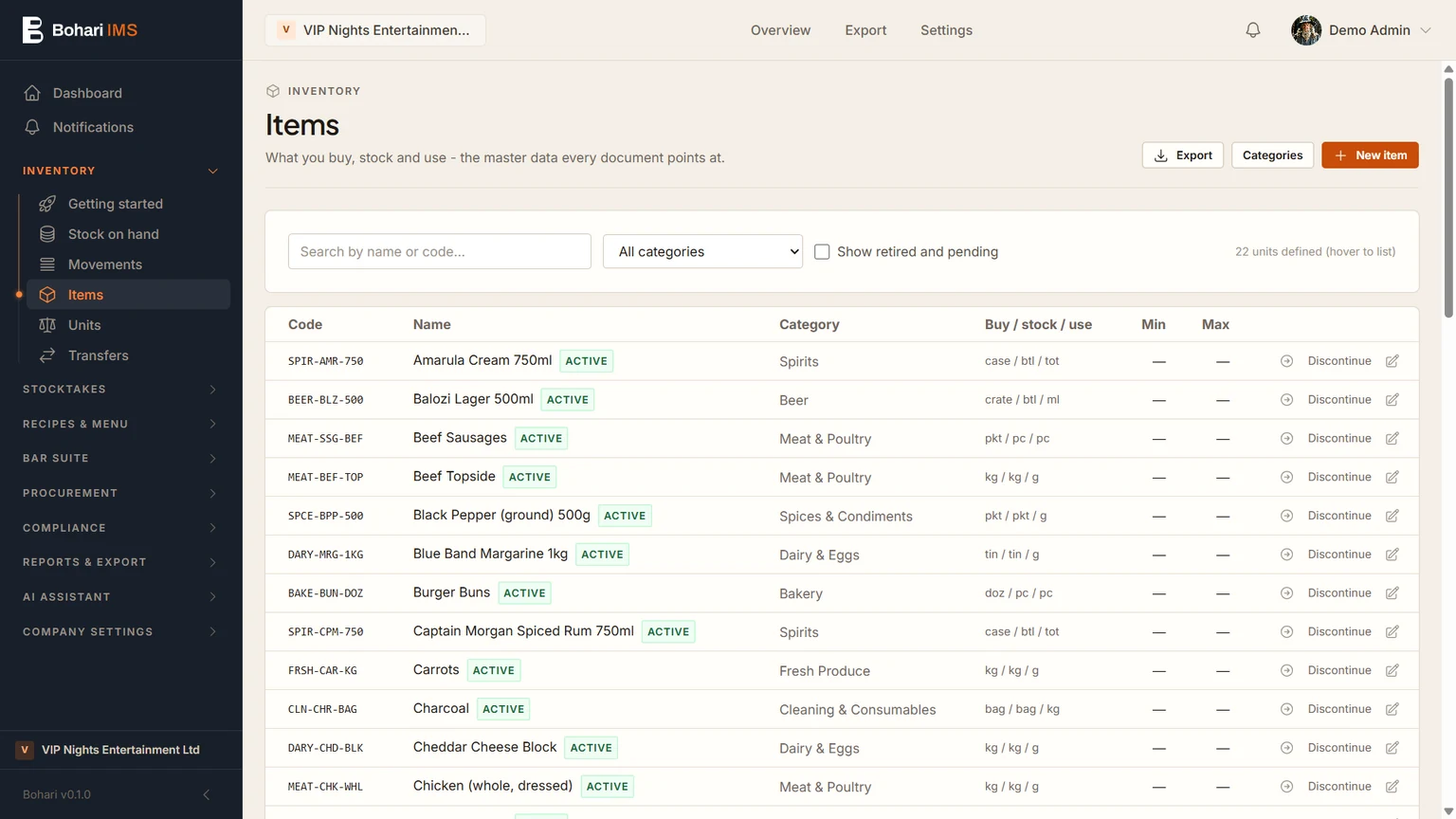 Bohari IMS: item catalogue in a demo workspace