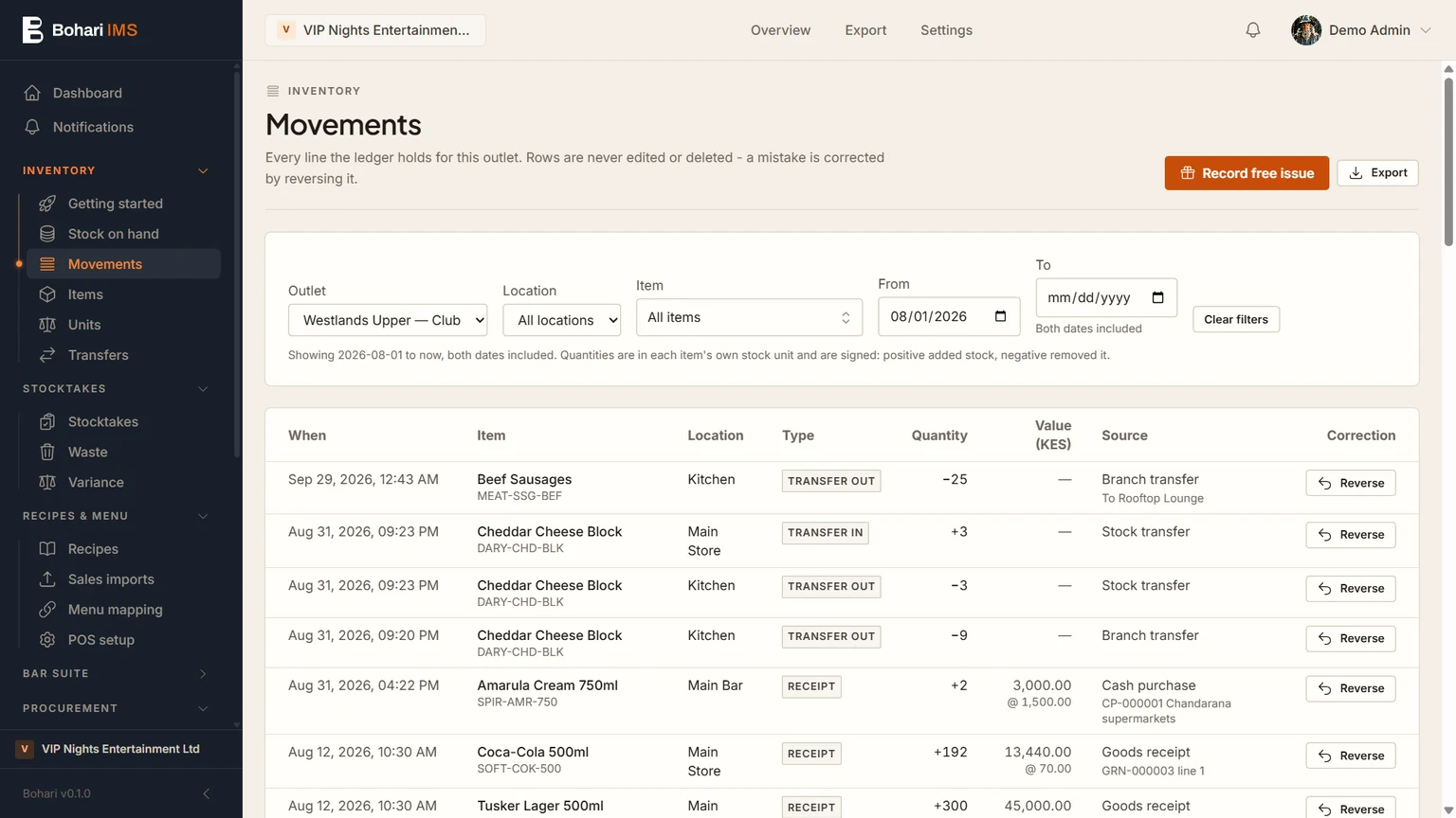 Bohari IMS: stock movements in a demo workspace