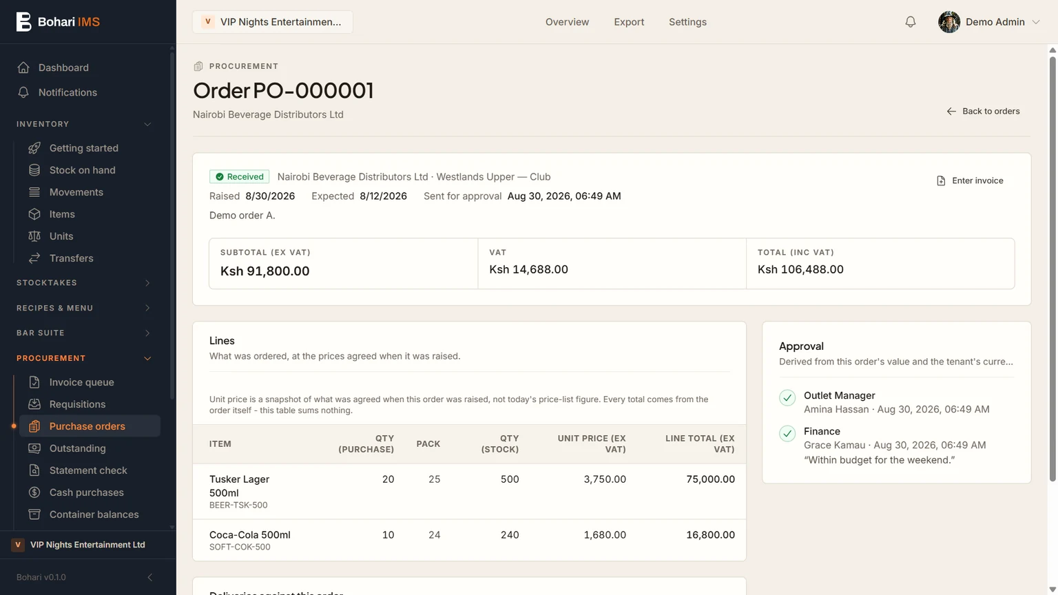 Bohari IMS: purchase orders in a demo workspace