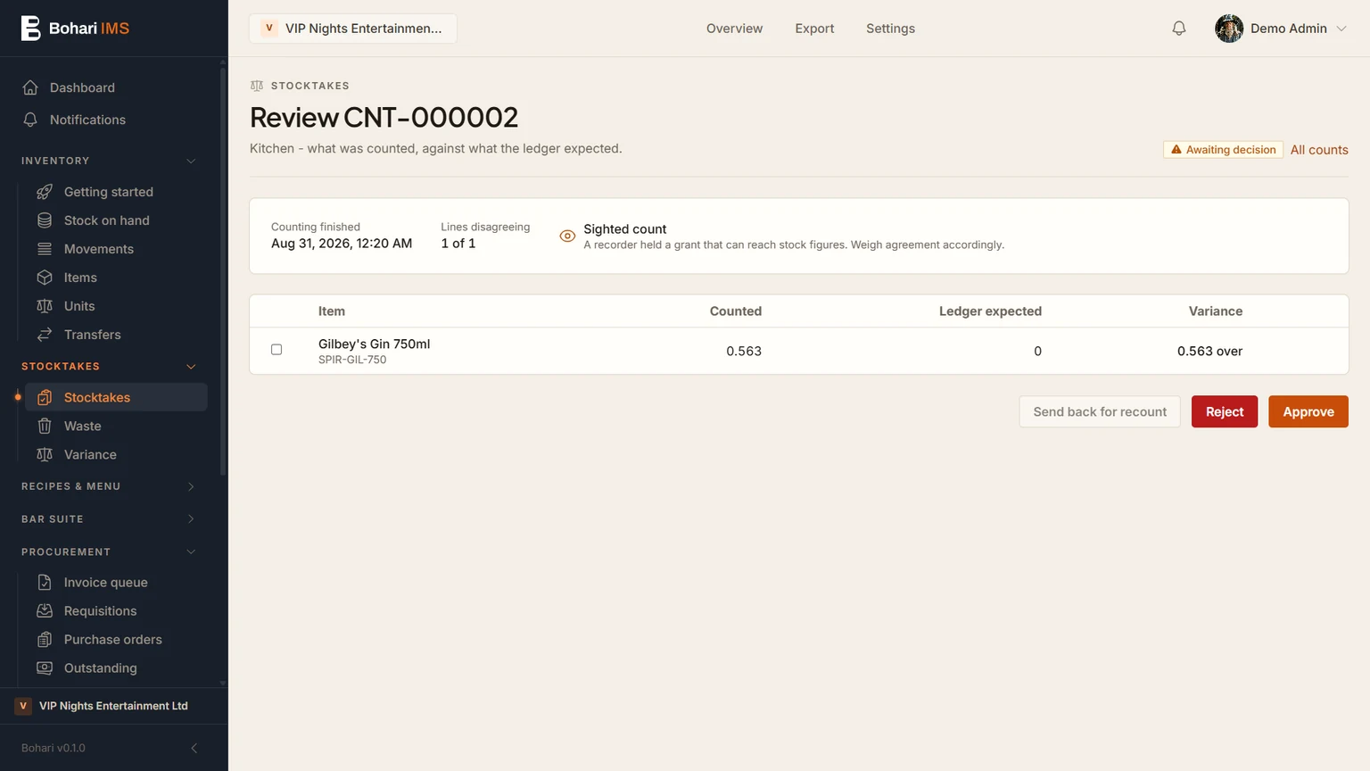 Bohari IMS: stocktake review in a demo workspace