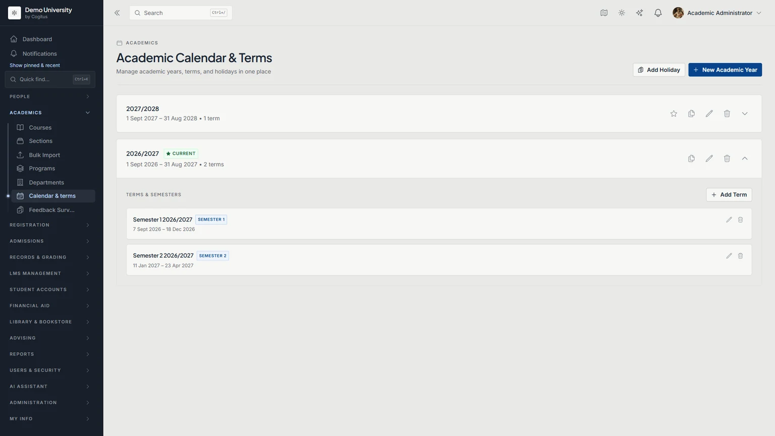 Cogitus: academic calendar in a demo workspace