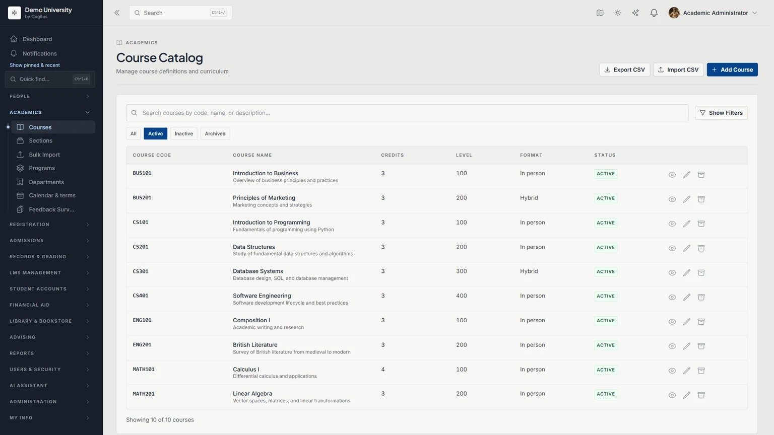 Cogitus: course catalogue in a demo workspace
