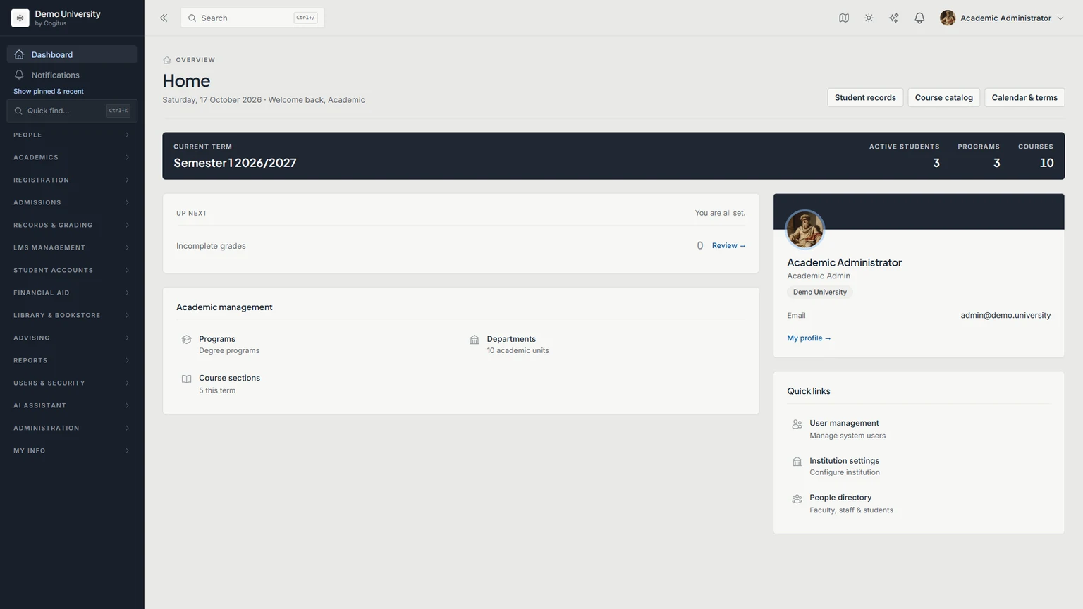 Cogitus: academic overview in a demo workspace