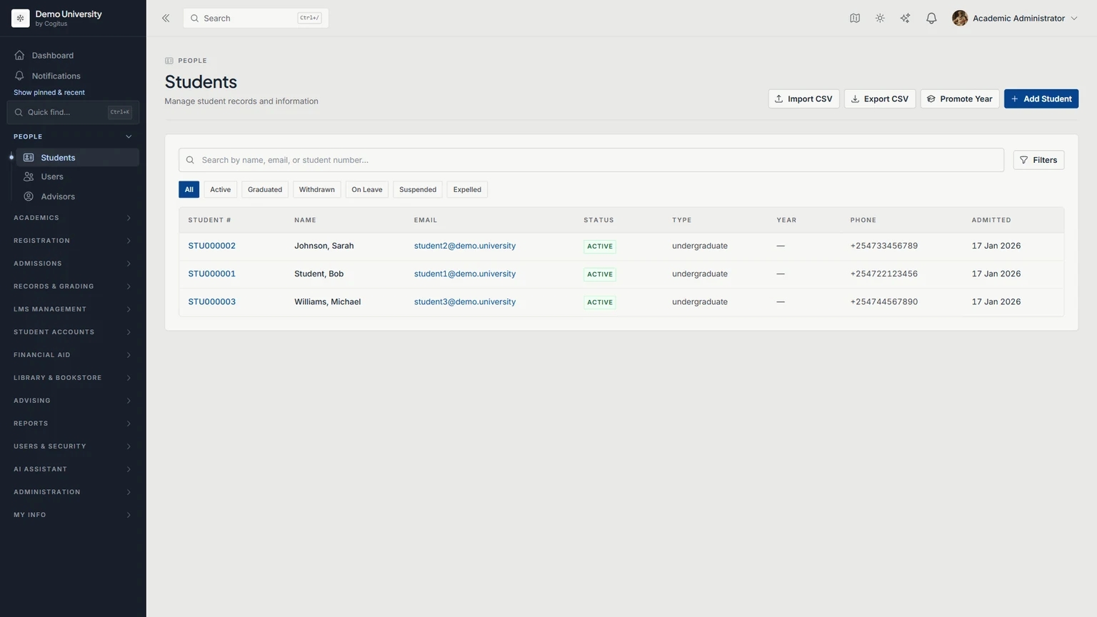 Cogitus: student records in a demo workspace
